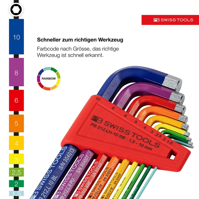 PB SWISS TOOLS Rainbow Hex Key Set PB 212.LH-10 RB CN | 100% Swiss Made | 9-Piece Allen Wrench Set Color Coded by Size 1.5-10mm with Ball End - Image 4